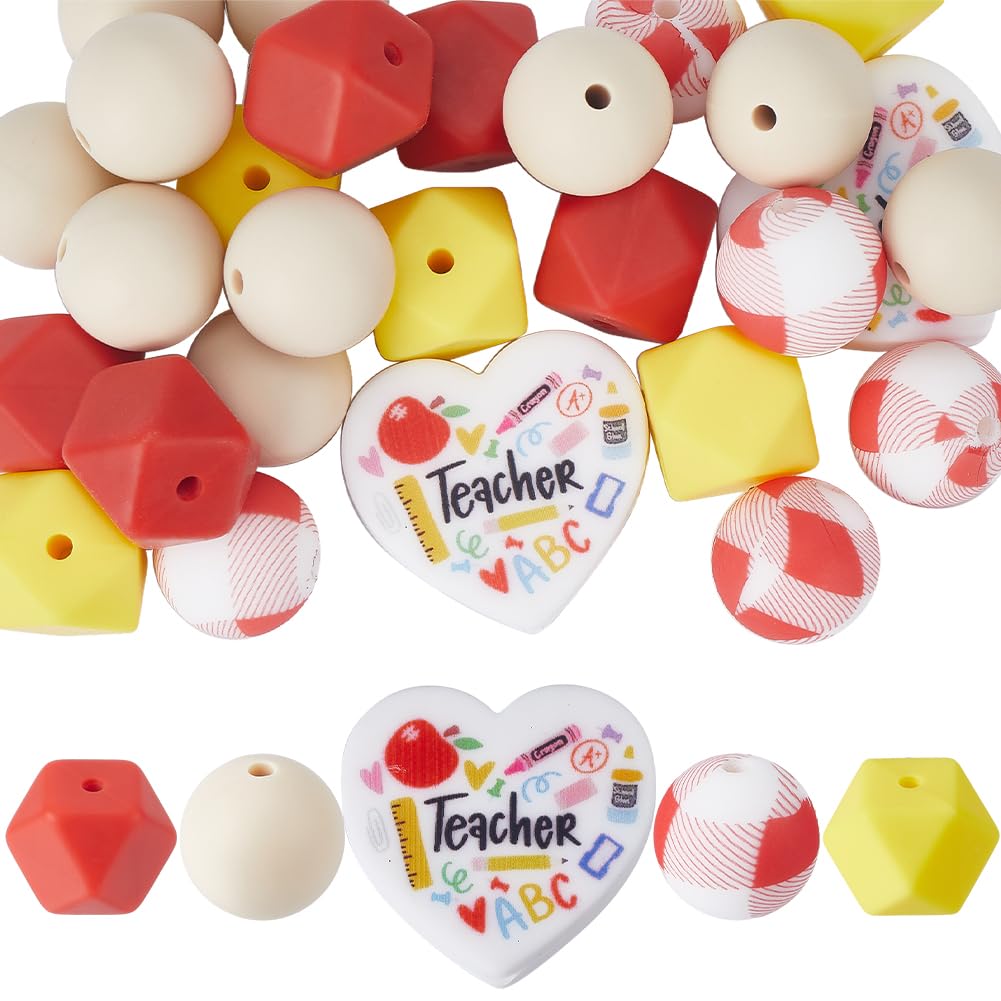 SUNNYCLUE 1 Box 27Pcs 15mm Teacher Silicone Beads Rubber Beads Bulk Soft Characters Back to School Hexagon Round Loose Spacer Focal Bead for Keychain Making Pens Lanyards jewellery Bracelet DIY Craft