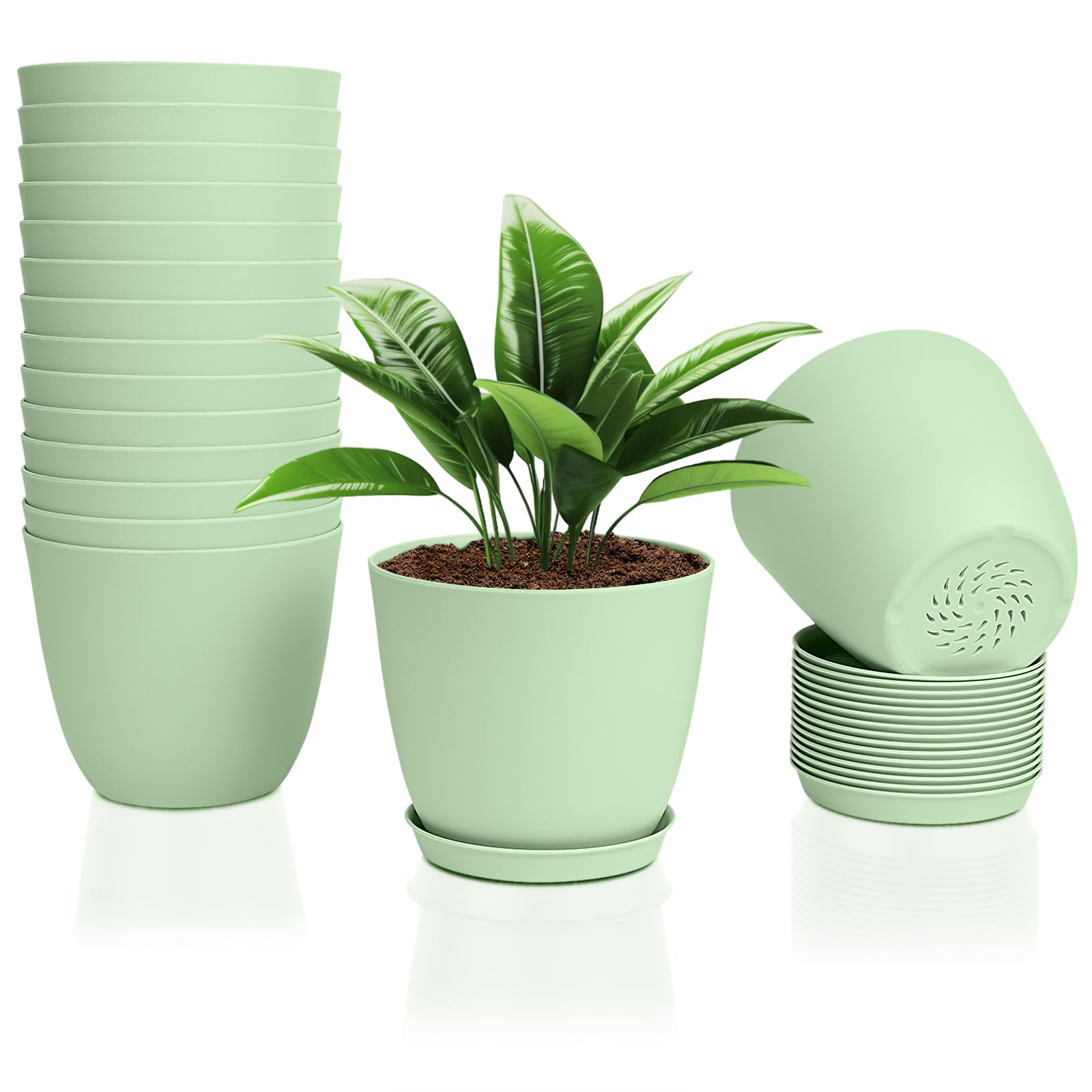FORAGIFT 16 Pack 15cm Plastic Plant Pots for Indoor Flower Pots, Heavy Duty and Stylish Plant Pots for Indoor Plants with Drainage Holes and Tray for Plants, Flowers, Green