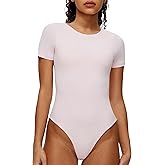 NANJI Short Sleeve Bodysuit for Women - Crew Neck Slim Fit Thong Body Suit, Stretch Double Lined Snap Tops, Casual Going Out