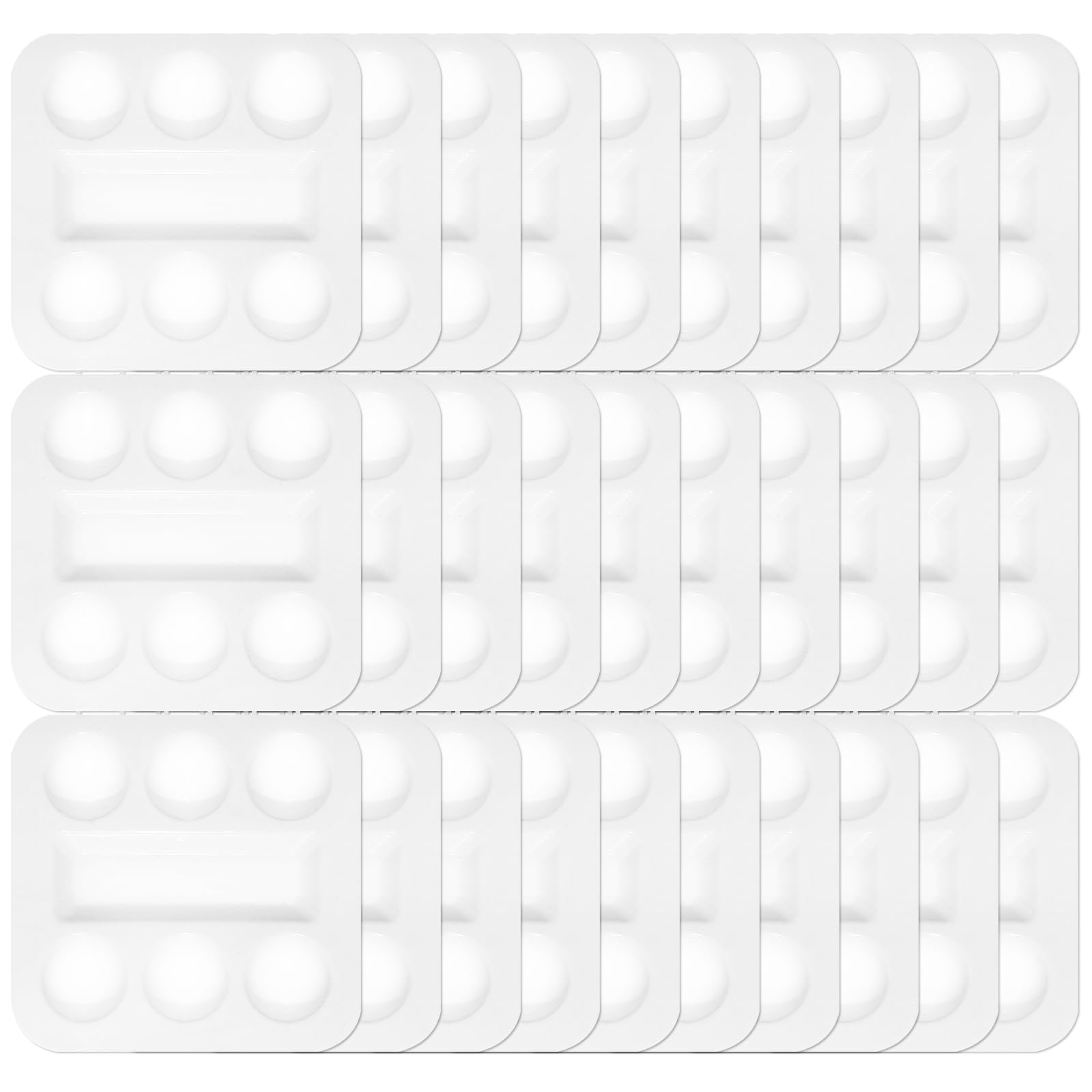 Photo 1 of 30 Pack White Square Paint Trays, 2x2 Inches with 6 Small Wells & 1 Large Mixing Area – Reusable Plastic Paint Palettes for Artists, Classroom, DIY Crafts – Easy-Separate Design, Smooth Edges