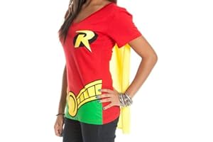 BIOWORLD DC Comics Robin Glitter Logo Juniors Costume Cosplay Cape T-Shirt Tee Shirt Batman