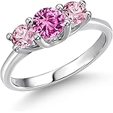 Gem Stone King 14K White Gold Pink Created Sapphire & Pink Lab Grown Diamond 3-Stone Engagement Ring | 1.05 Cttw | Round 5MM and 4MM | 3 Stone Wedding Anniversary Promise Ring For Women