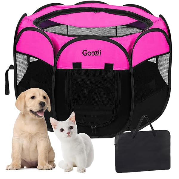GOOZII PORTABLE DOG PLAYPEN FOR SMALL DOGS INDOOR OUTDOOR, FOLDABLE PET PUPPY PLAYPENS KENNEL TENT WITH TOP COVER DOOR FOR HOUSE CAT KITTY FOR DOG LOVER AS (MEDIUM SIZE, PINK)