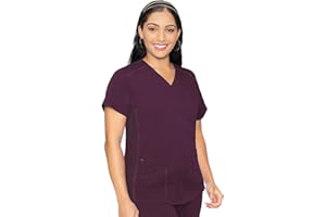 Med Couture V-Neck Scrub Top for Women with 4 Pockets, Rib-Knit Side Panel, and Shirttail Hem MC7459