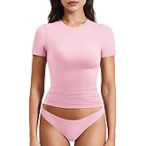 YEOREO Women Fitted Workout Tops Short Sleeve Double Lined Basic Y2K Going Out Crew Neck Compression Crop Top