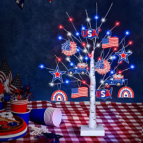 4th of July Decorations, 24” Fourth of July Decoration Tree Light with 12 Patriotic Wooden Signs, [TIMER, USB/Battery Operated] Red White Blue Light for home July 4th Decor Flag Day Independence Decor