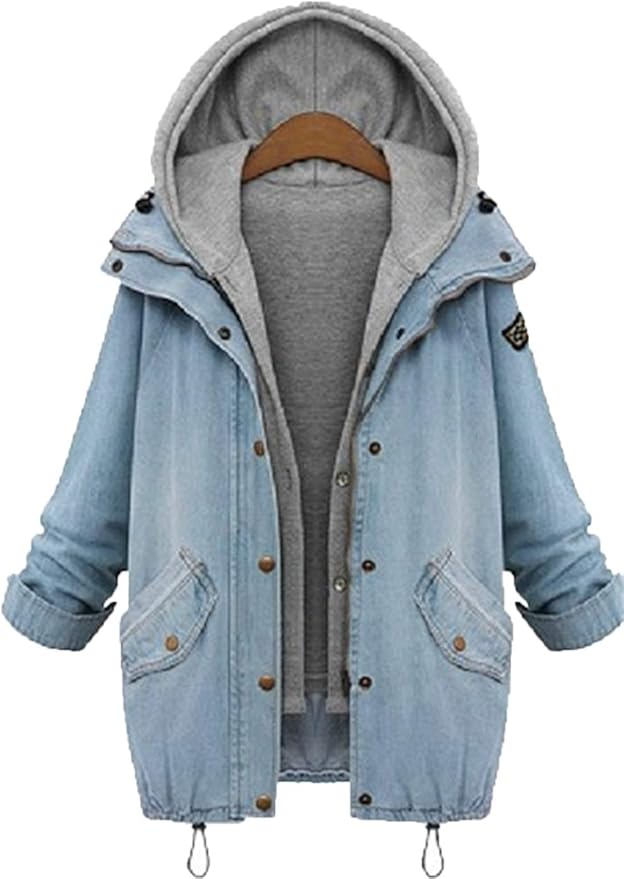 Andongnywell Women's Boyfriend Denim Jackets Hooded Pockets Plus Size