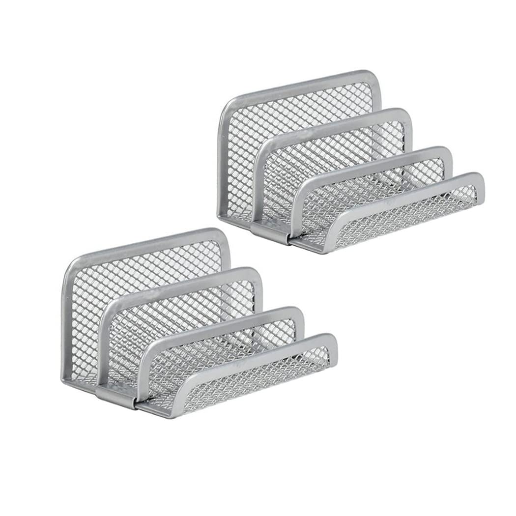 Hoshen Three Layer Metal Mesh Business Card Holder, Desk Business Card Display Holder (Silver, 2 Pack)