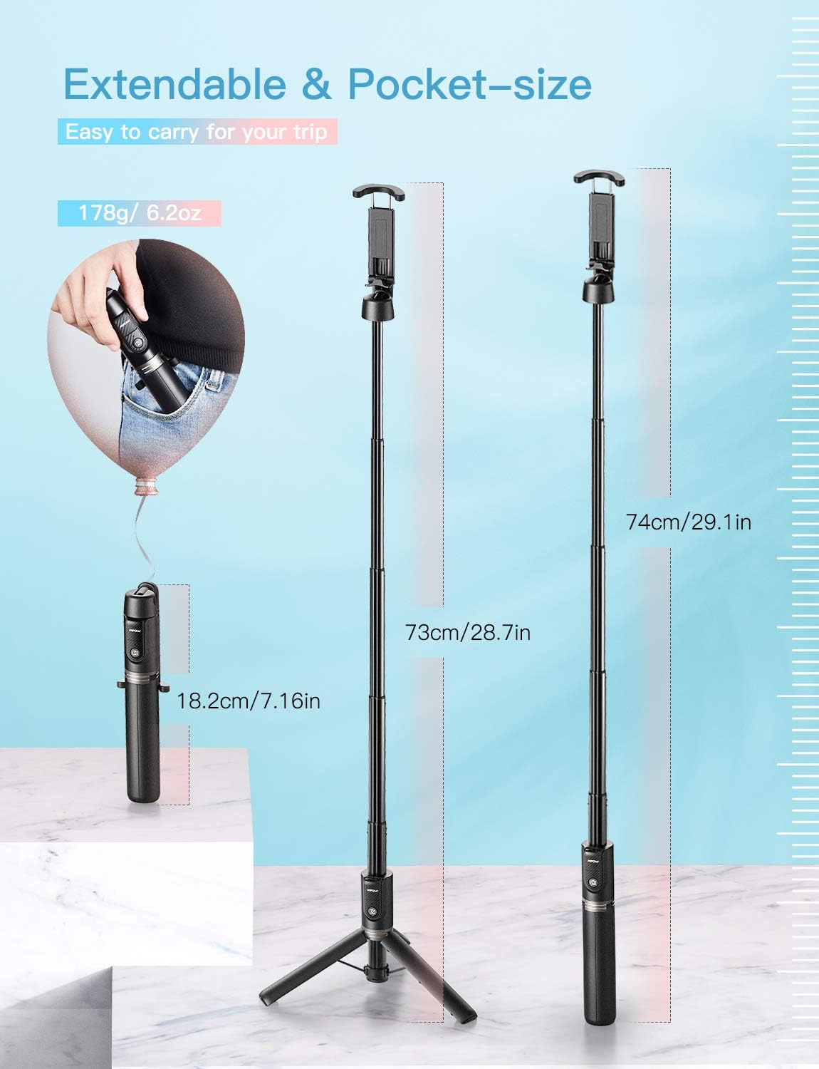 Selfie Stick, Mpow Selfie Stick Tripod with Bluetooth Remote, 360° Rotation Extendable Phone Tripod Stand Selfie Stick Compatible with iPhone11, X, iPhone 8, 8 Plus, 7, 7 Plus, Galaxy S9 S8 and More