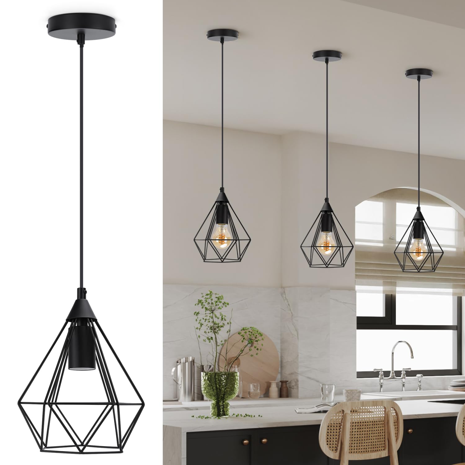 Black Pendant Light Fitting with Shade, Aigostar Cage Pendant Light, E27 Metal Wire Basket Light Pendant, Industrial Ceiling Pendant, Adjustable Cage Ceiling Lighting, Hanging Lights for Kitchen