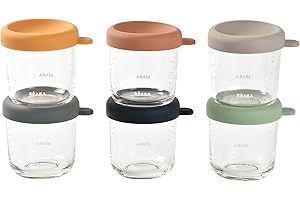 BÉABA BEABA 6 Pack Glass Baby Food Jars with Soft Silicone Air Tight Lids, 8 oz Glass Storage Containers with Lids, Microwave and Freezer Safe Containers, Sunrise