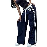 WDIRARA Women's Wide Leg Baggy Sweatpants Side Striped Number Graphic Track Pants with Pockets