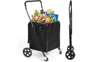 Kiffler Folding Shopping Cart for Groceries, Grocery Cart with Waterproof Liner and 360° Swiveling Wheels Collapsible Shopping Carts for Condo Laundry Transport Trip