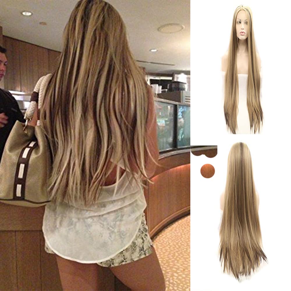 Xiweiya Light Blonde Mixed Brown Highlight Lace Front Straight Wigs Long Silky Straight Ombre Blonde Synthetic Lace Wig Heat Resistant Fiber Hair for Women 24inch