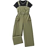 Hilinker Girl's 2 Piece Outfits Overalls Short Sleeve Top and Cargo Jumpsuit Set with Pockets 7-14 Years