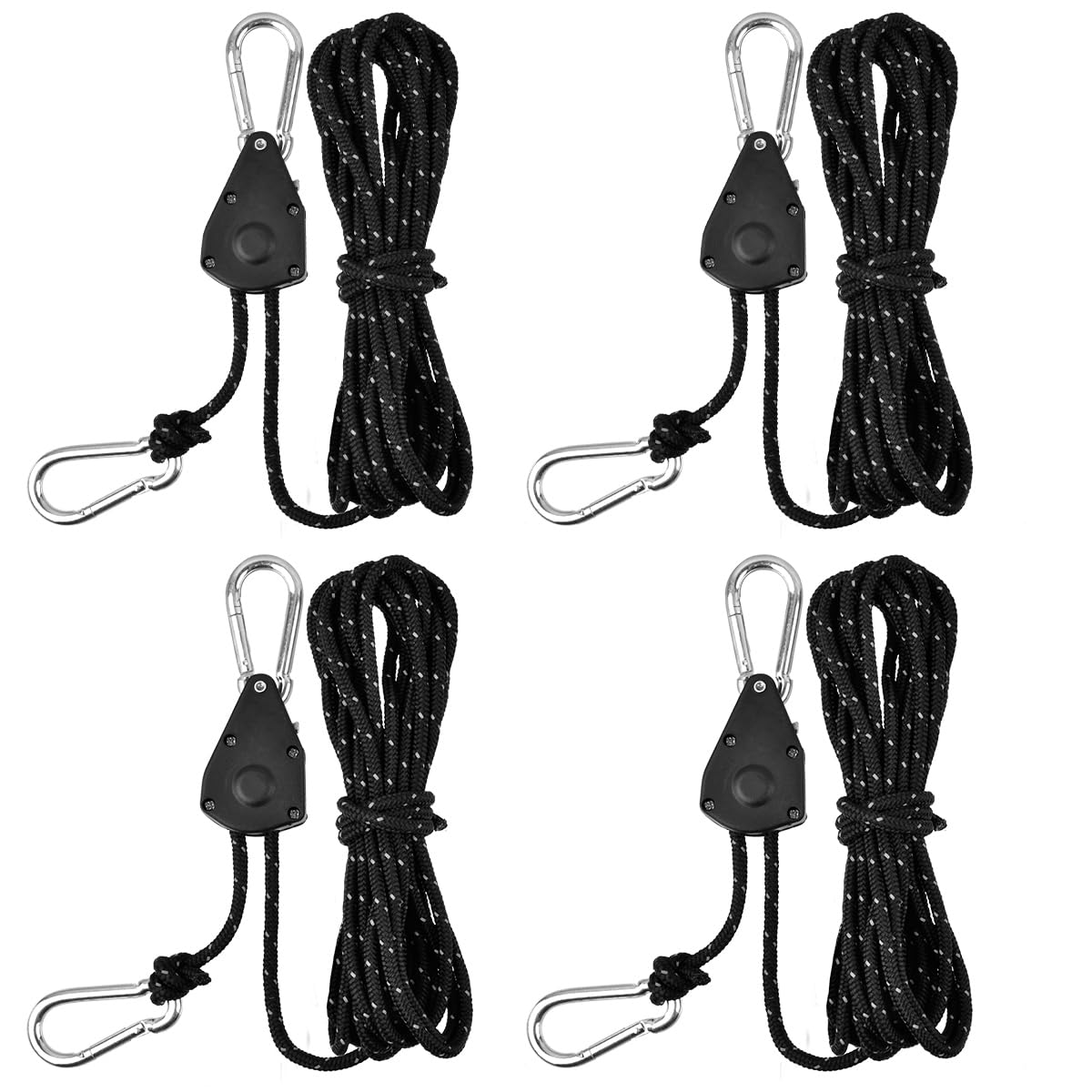 4M Reflective Tent Guy Ropes Ratchet 4PCS, 4mm Tent Guy Ropes Tensioners with Pulley, Adjustable Tent Camping Rope Cord Heavy Duty Tent Guide Rope Grow Lights Ratchet Hangers for Awning Camping Hiking