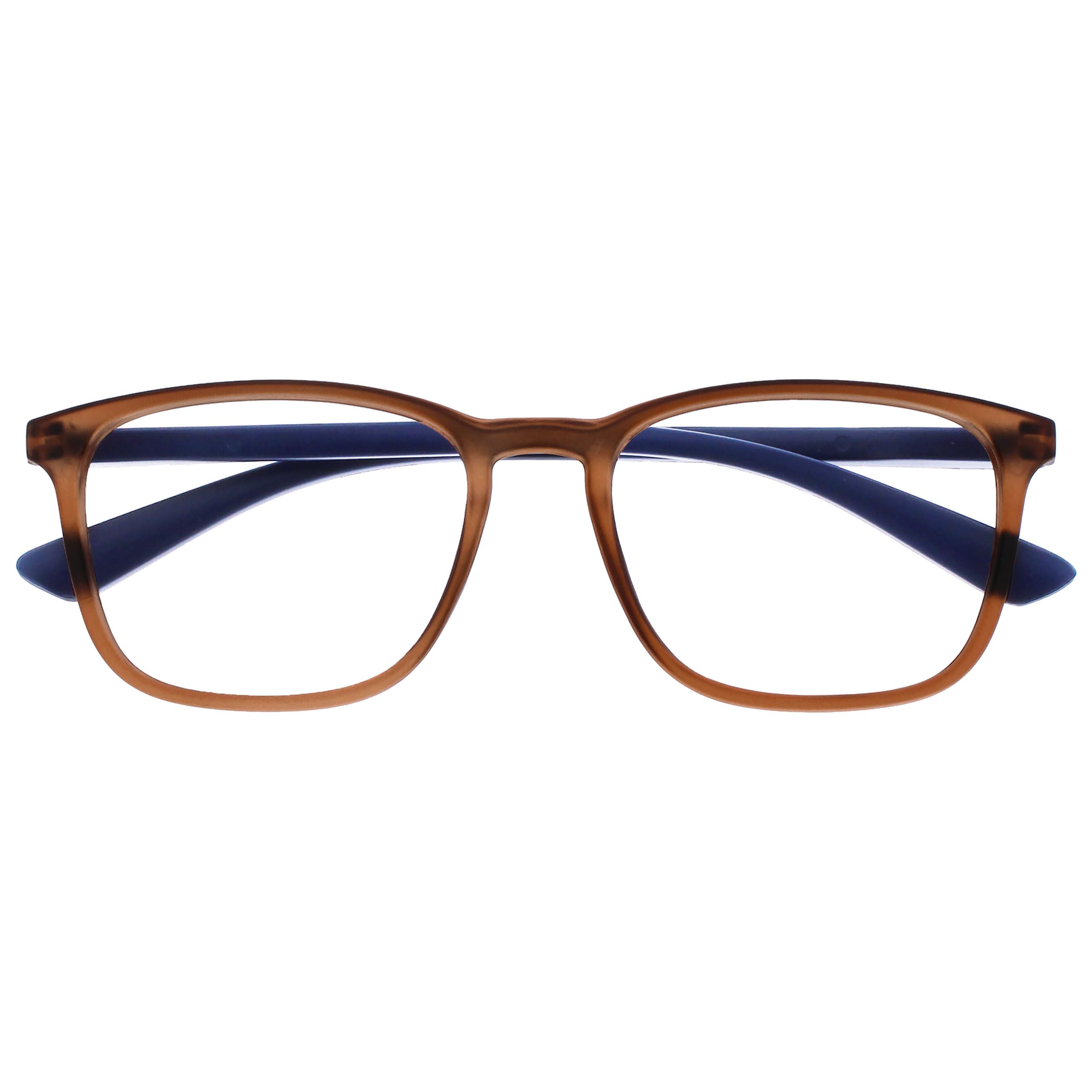 OPULIZE Max Reading Glasses - Classic Large Rectangular Frame - Transparent Matt Brown with Navy Blue Arms - Men's Women's - Spring Hinges - R78-2 - +3.50