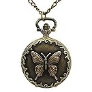 Bronze Tone Butterfly Carved Case Pocket Chain Necklace Watch