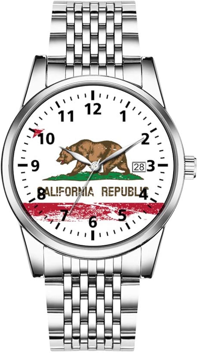 Amazon Co Jp クリスマスギフトウォッチ メンズ ファッション 日本製クォーツ 日付 シルバーステンレススチールブレスレットウォッチ グランジ カリフォルニア州旗 腕時計