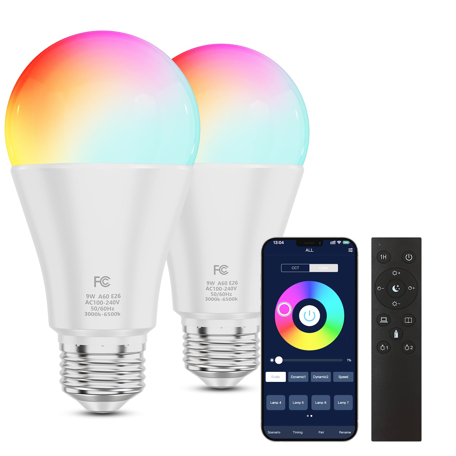 Photo 1 of MXhme A19 Color Changing Light Bulb with Remote Control&App Control, 800LM 9W(60W Equivalent) Dimmable 3000K-6500K RGBWW,E26 Base 2.4GHz,Light Bulb for Home Decor,2Bulb&1Remote