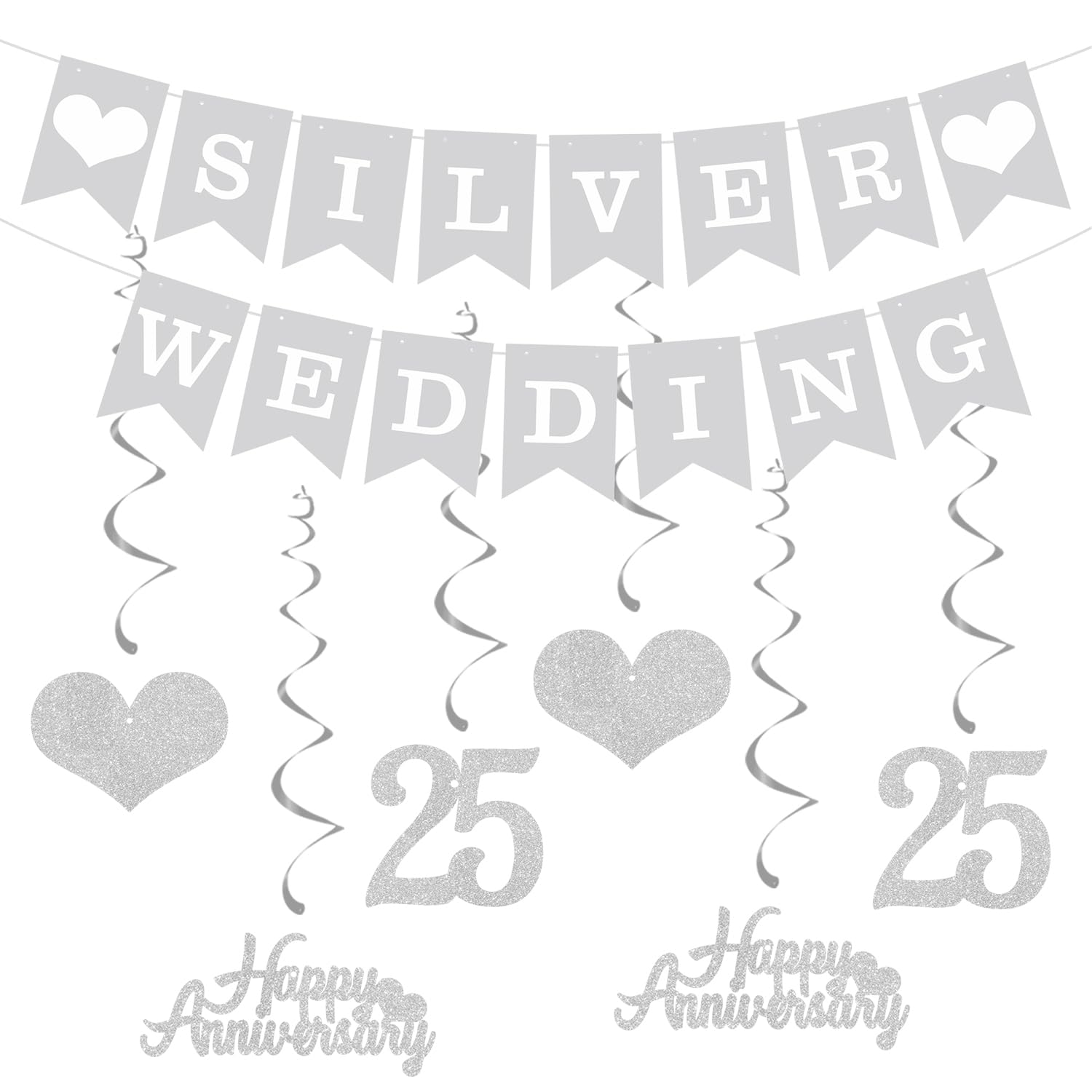 Elicola 25th Anniversary Decorations Silver Wedding Banner Hanging Swirls Happy 25th Anniversary Bunting Backdrop for Party Decorations
