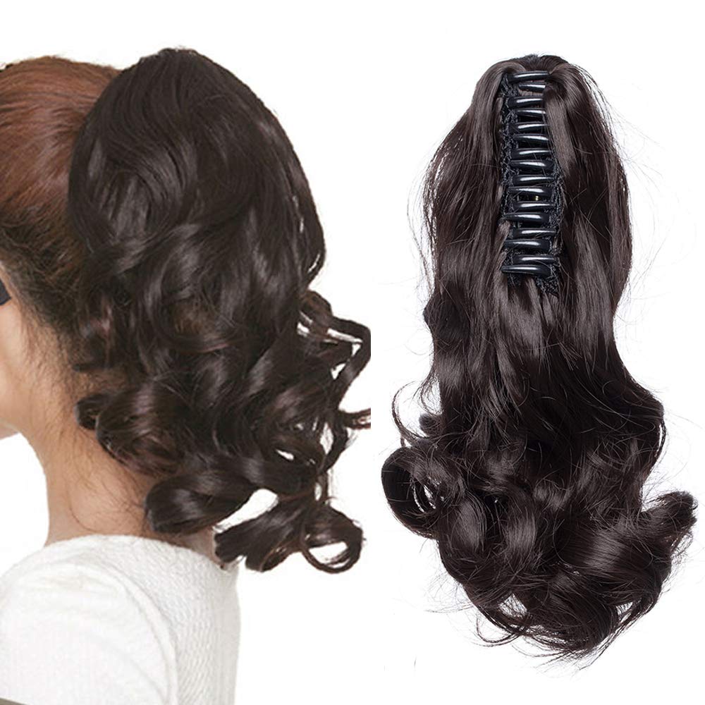 Silk-co 12 inches Claw on Ponytail Hairpiece Clip in Pony Tail Hair Extensions Wrap around Bonding Hairpieces Curly Wavy(Dark Brown)