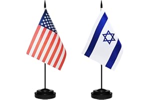 TIBIJOY USA American & Israel Israeli Desk Flags, US Israel Office Table Flag, Small Mini Miniature Israeli and US Desktop Flag With 13" Solid Black Pole, Black Base