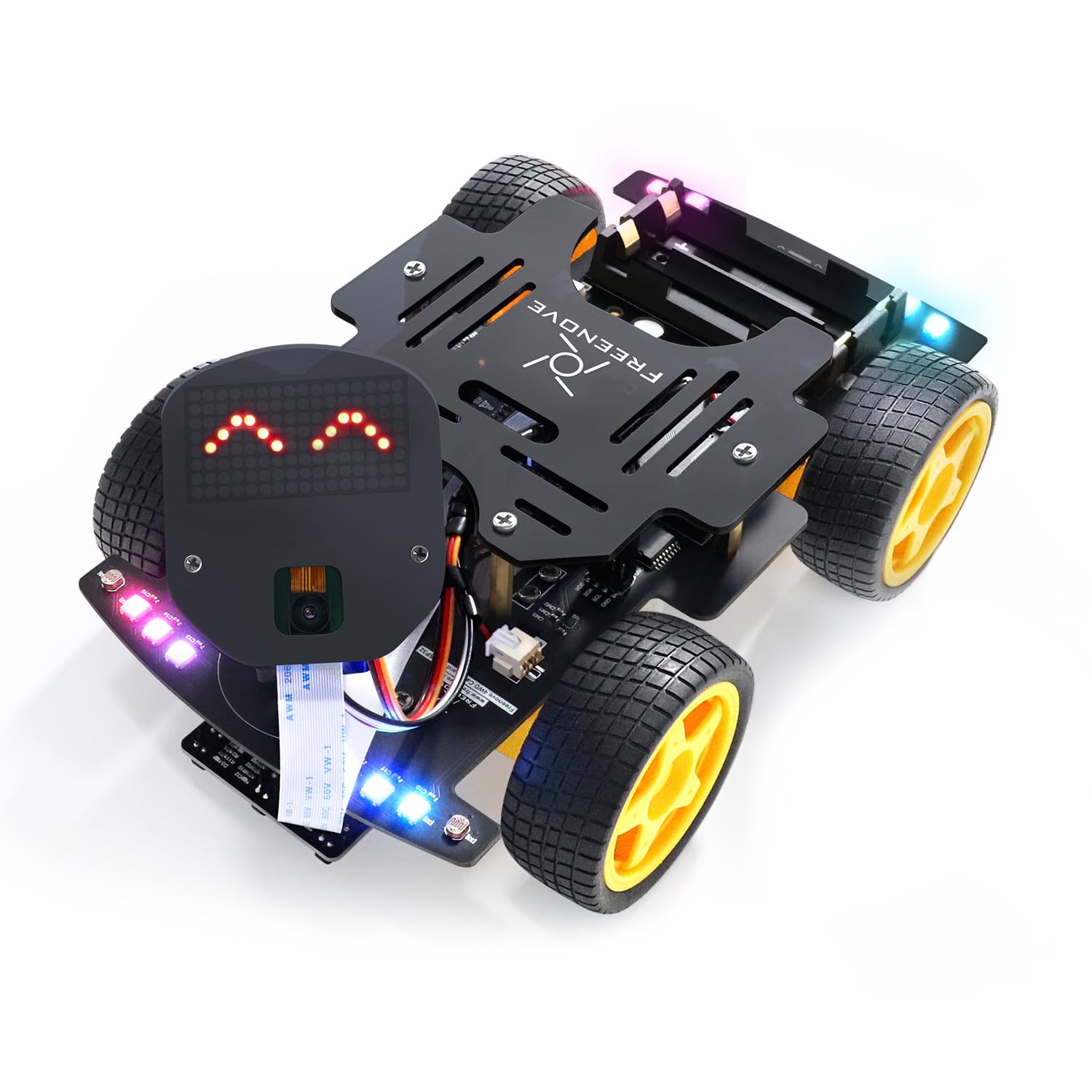 FREENOVE 4WD Car Kit for ESP32 CAM (Included), Dual-core 32-bit 240 MHz Microcontroller, Camera, Dot Matrix, Obstacle Avoidance, Line Tracking, Light Tracing, Colorful Light, App