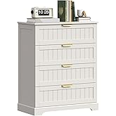 ELUREVIA 4 Wooden Drawer Dresser for Bedroom Storage, Modern Farmhouse Wood Chest of Drawers with Metal Handles, Wide Storage, Cabinet for Closet, Living Room, or Entryway White
