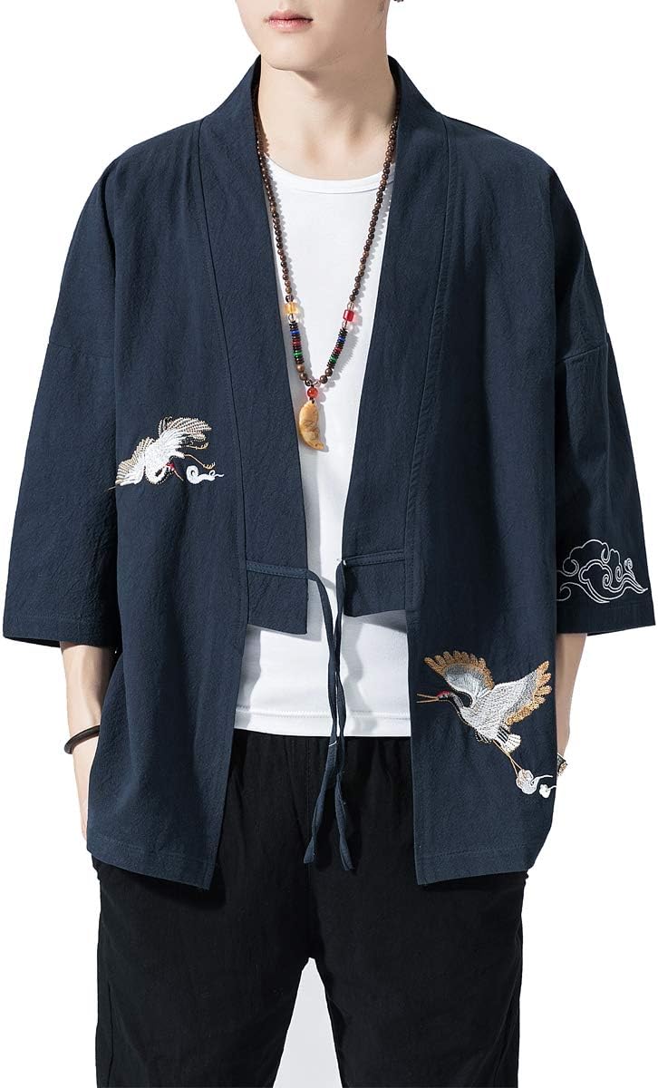 Men's Kimono Cardigan Coat Embroidery Solid Colour Three Quarter Sleeve Loose Yukata Drawstring Closure