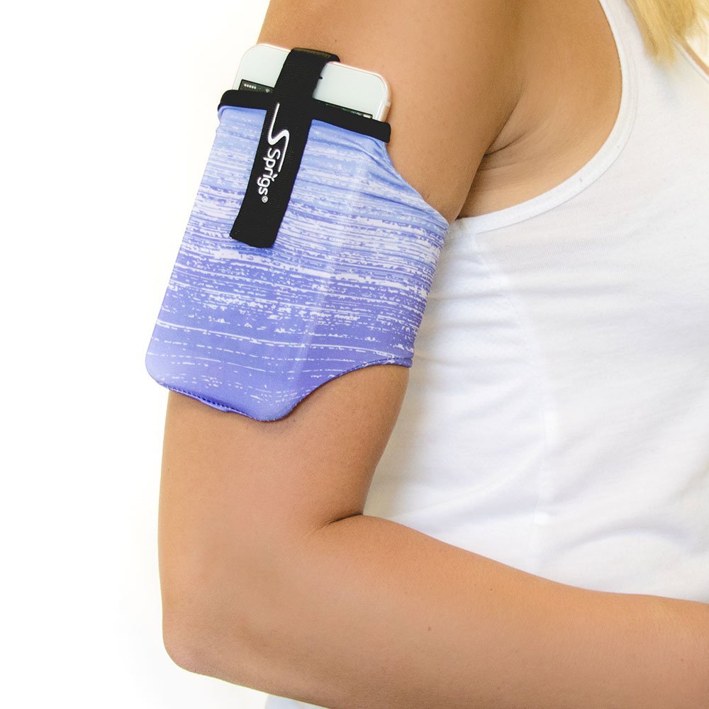 Sprigs Armband for iPhone 11/x/xr/8/7 Plus, Galaxy S10/S9, Google Pixel 4. Lightweight & Comfortable Running Armband, Stretches to Fit All Phones with Case - (Purple Blitz, Small)