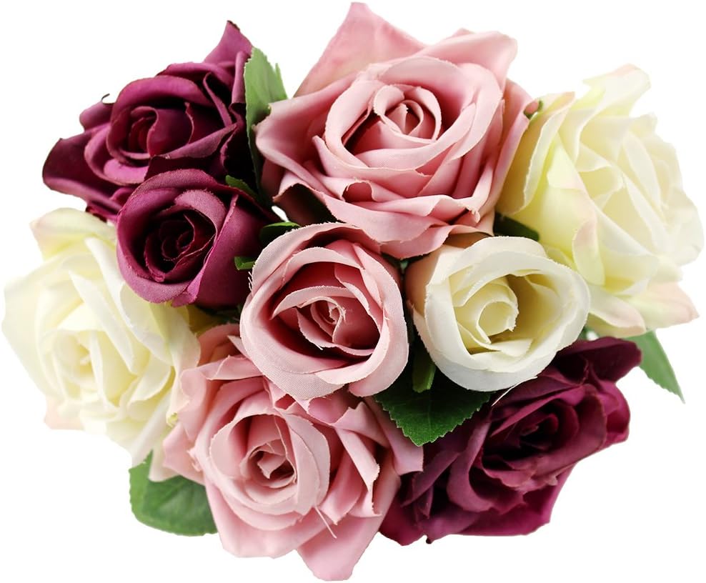 Homeditor Artificial Flowers,Fake Roses for wedding,Party and Home decor,Real Touch silk roses for Bridal Bouquet with 9 roses (Purple)