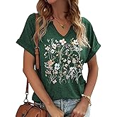Earlymemb Womens Vintage Flowers V Neck Shirt Boho Floral Wildflowers Graphic Tee Casual Cottagecore Short Sleeve T Shirt