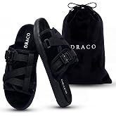 DracoSlides Remastered Slides for Men and Women - Covered in Premium Velour with Adjustable Straps Ideal for Wide/Narrow Feet, Sandals with Arch Support &amp; Slip Resistant, Men &amp; Women Footwear, Black