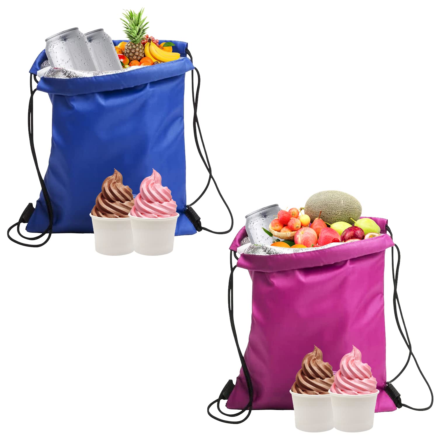BEIIEB 2 Pack Insulated Drawstring Lunch Bags, Waterproof Collapsible Lunch Bags, Insulation, Cooler Bags, Lunch Bags for Work, School, Beach, Picnic (27 * 33cm)