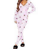Nicoxijia Women Valentine's Bodycon Pajama Jumpsuit V Neck Long Sleeve Button One Piece Rompers Overall Sleepwear Loungewear