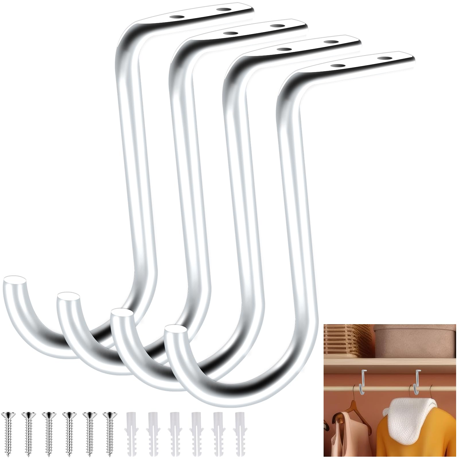 Photo 1 of 4 Pcs Closet Rod Support for 1-1/2 Inch Closet Rod Bracket Metal Closet Rod Hooks Pole Holder for Hanging Clothes (Silver-4)
