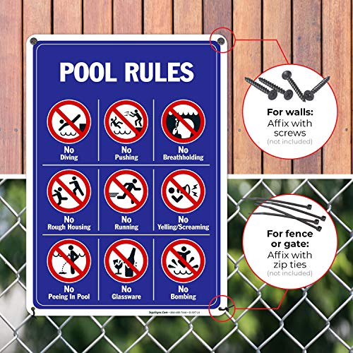 Pool Rules Sign, No Diving No Pushing No Running No Peeing in Pool 10x14 Rust Free Aluminum