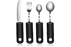 iplusmile 4Pcs Adaptive Utensils Set for Elderly, Non-Weighted Bendable Fork, Non-Slip Handles Fork Spoon Cutter Teaspoon, Ea