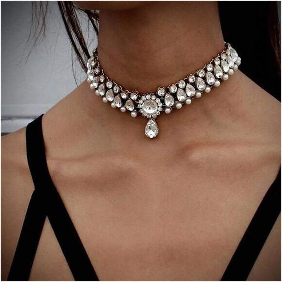 Bohemia Rhinestone Choker Crystal Necklace Pearl Choker Wedding Jewelry Bridal Necklace Diamond Pendant Choker for Women and Girls (Silver)