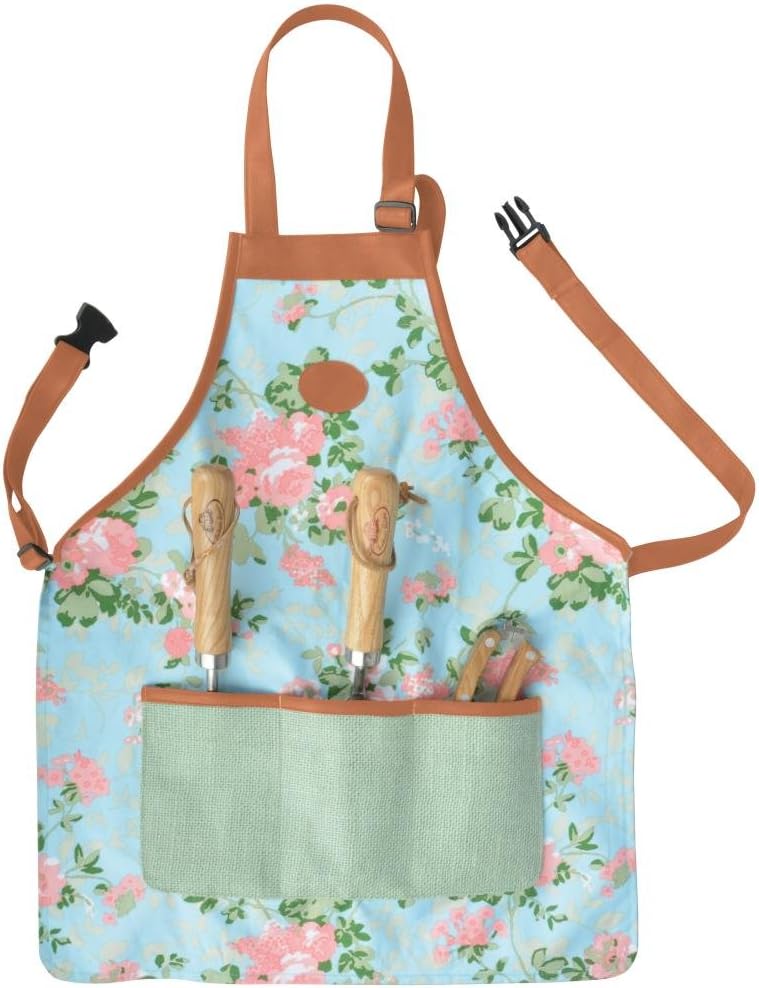 Esschert Design Jute Gartenschürze mit Rosendruck, 46 x 1 x 74 cm, mit Bauchtasche, mit Clip-Verschluss, mit Halsschlaufe