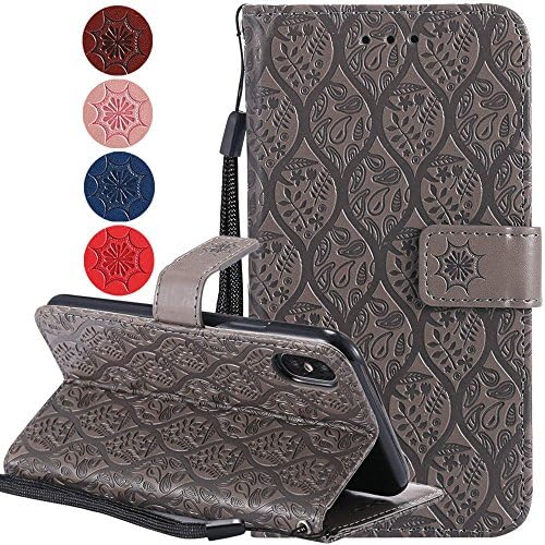 iPhone X Leather Case, iPhone x Wallet Cell Phone Case, iPhoneX Flip Magnetic Closure Shockproof Protective Cover [Kickstand][Card Slot][Wristlet] for iphone 10 (2017) - Grey
