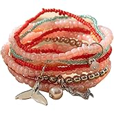 Bohemian Multilayer Shell Starfish Glass Beaded Stackable Bracelets Colorful Crystal Pearl Seed Beads Stretch Bracelet BFF Wristbands Bangles for Women Summer Beach Hawaii Vacation Jewelry Gift