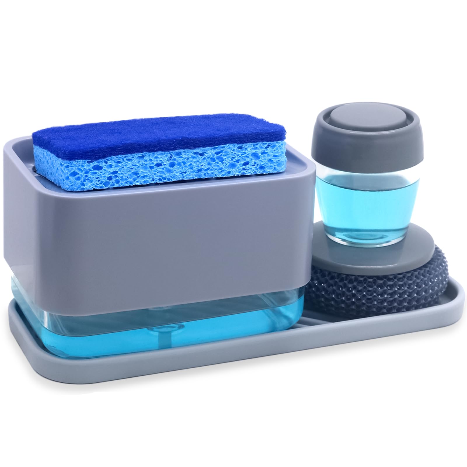 Dish Soap Dispenser with Sponge Holder for Kitchen Sink - Newest 4 in 1 Countertop Washing Up Liquid Dispenser-Dishwashing Soap Pump Dispenser for Kitchen Countertop Grey