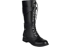 Men's Leather High Calf Riding Motorcycle Boots, Buckle Strap Lacing Design, Retro Round Toe Knee High Boots