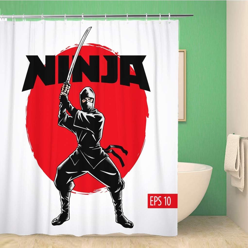 Awowee Bathroom Shower Curtain Graphic Ninja Warrior Silhouette of Japanese Fighter Japan Sword Action Polyester Fabric 66x72 inches Waterproof Bath Curtain Set with Hooks