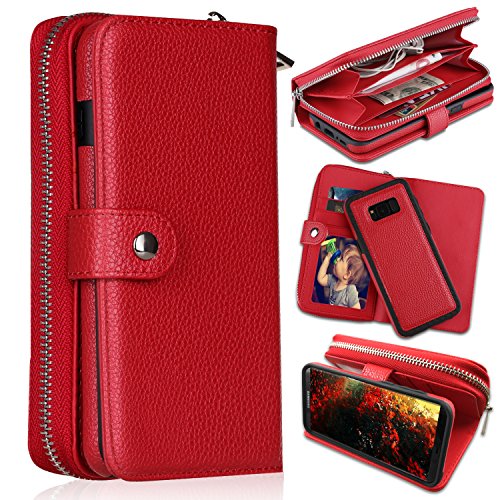 CASEOWL Galaxy S8 Plus Wallet Cases, [Large Capacity][Magnetic Detachable] 2 in 1 Zipper Pocket PU Leather Flip Wallet Case with Wrist Strap, H/V Stand, Cards Holder for Galaxy S8 Plus-Red