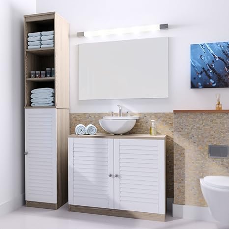Deuba Badmöbel Set | Braun Weiß | Waschbeckenunterschrank Badezimmerhochschrank Unterschrank Hochschrank