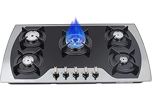 GRFCEVUE 36 inch Gas Cooktop, 5 Burner Built-in Stainless Steel Gas Stove Top LPG/NG Dual Fuel Auto Ignition Gas Hob Gas Countertop Plug-in with Thermocouple Protection for Kitchen, Home, Apartments, RVs