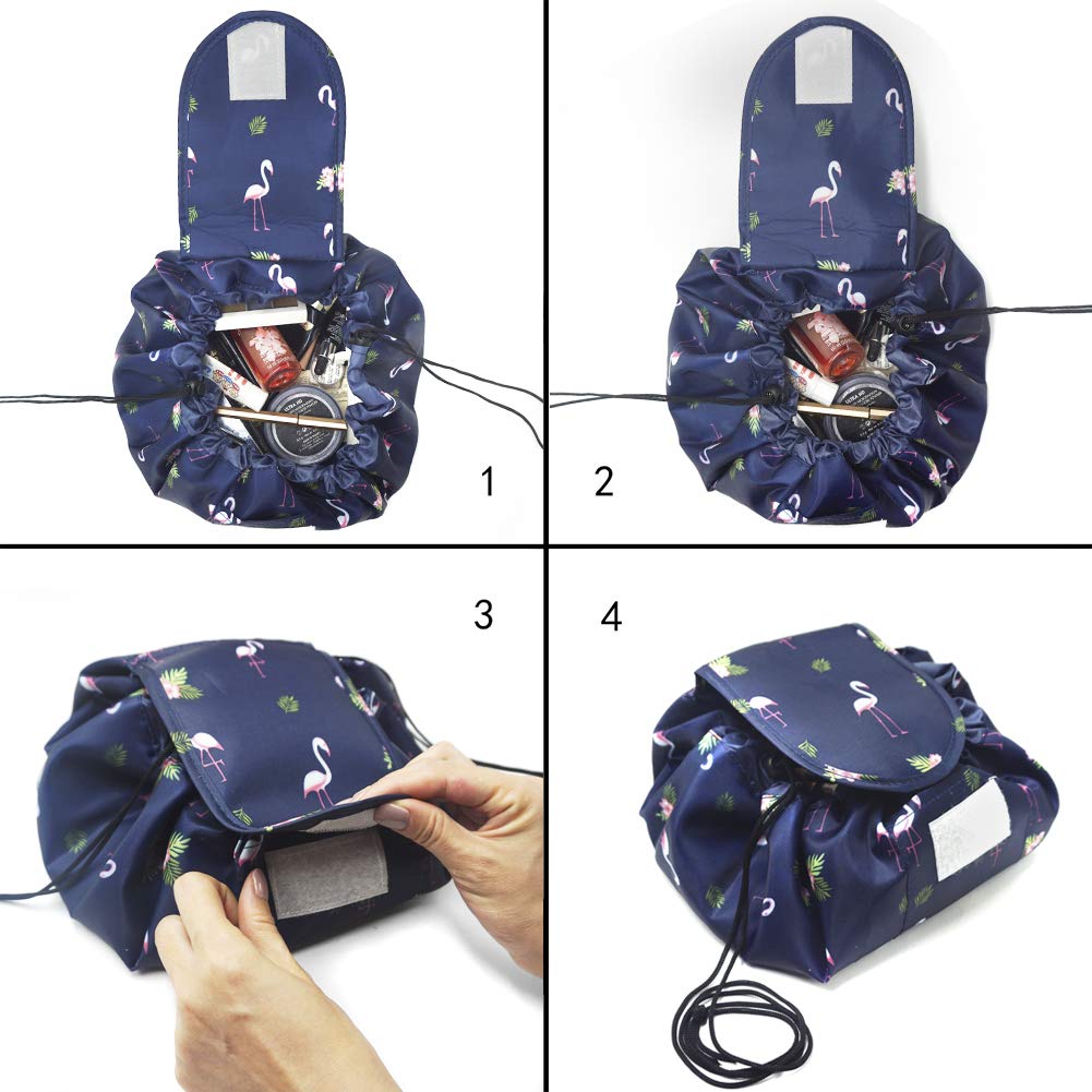 Lazy Drawstring Make up Bag Portable Large Travel Cosmetic Bag Pouch Travel Makeup Pouch Storage Organiser for Women Girl (Navy Flamingo)